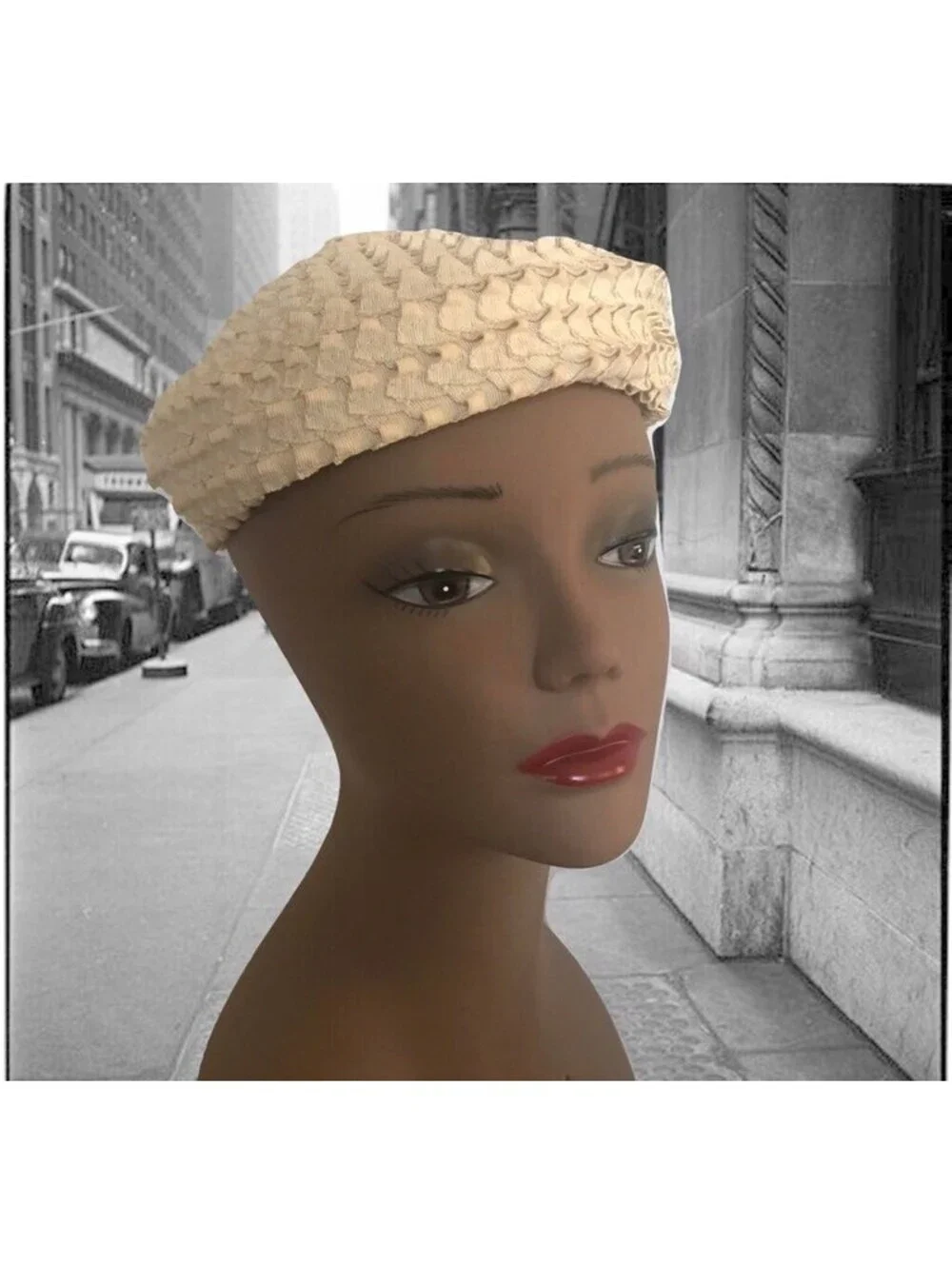 Vintage Grosgrain Ribbon Beret: Cream Knubby Slouchy Hat